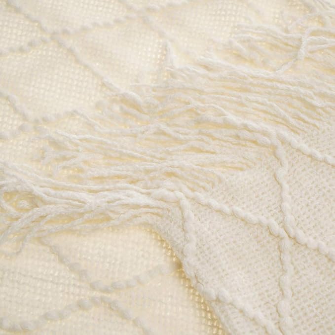 BATTILO HOME Large Cream Throw Blanket with Fringe, End of Bed Throw Blankets White,Spring Throw Blanket for Couch Sofa Indoor Outdoor, 52"x80"
