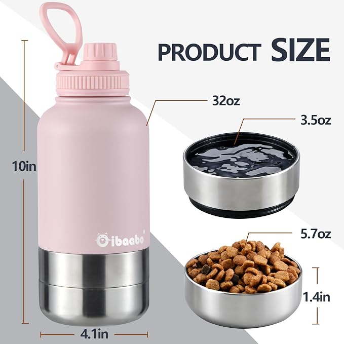 Cibaabo Insulated Dog Water Bottle 32oz Keep Water Cool with 2 Bowls