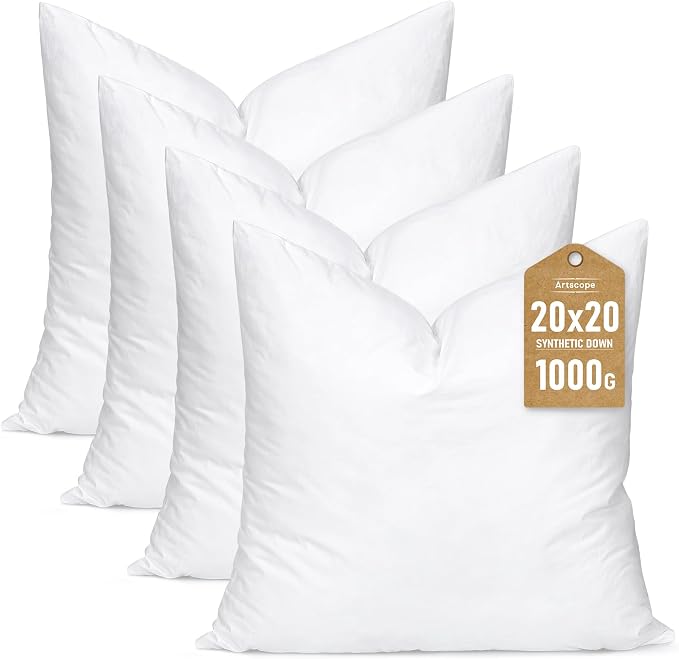Artscope Synthetic Down Pillow Insert, 20x20 Down Alternative Throw Pillow Insert. Ultra Soft Fluffy Sleeping Pillow with 100% Cotton Cover, Decorative Pillows Set of 4-White.