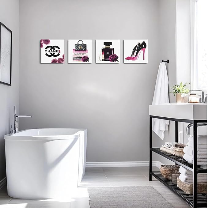 4 Pcs Framed Fashion Canvas Wall Art Pink Pictures Wall Decor | Aesthetic Posters Art Prints Artwork Pink for Women Teen Girls Room Bedroom Office Apartment Vogue Living Room Decor 8x8 Inch