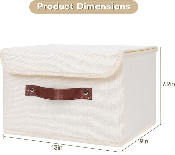 ANMINY Fabric Storage Box Bins with Lids, Beige, 13"x9"x7.9" | Keepsake Memory Storage, Cotton Linen, PP Board Reinforced, Washable, PU Handles, Foldable & Stackable, Decorative, Medium