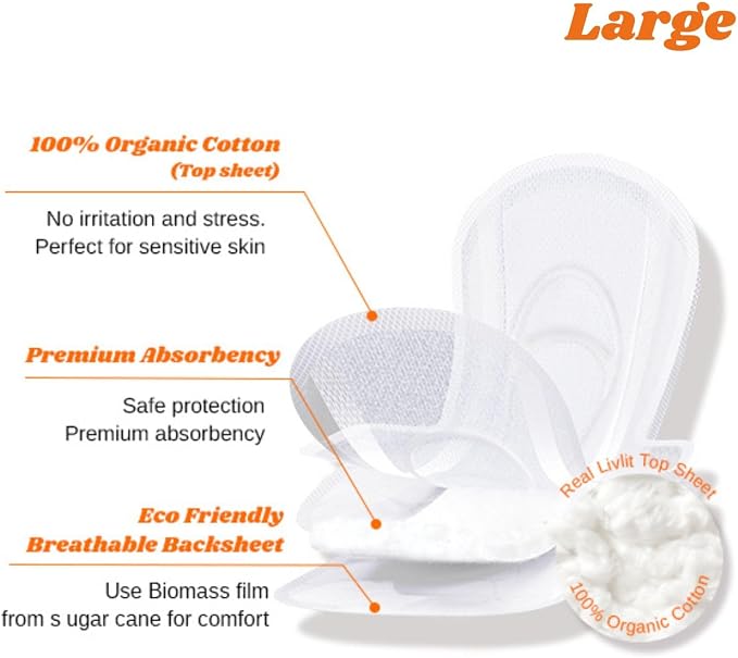 Livlit Large Size Ultra Thin Sanitary Pads, 100% Organic Cotton from Texas, Powerful Leak Protection, Unscented, Chlorine Free and Absorbency of Feminine Periods, Pads for Women (32 Count)
