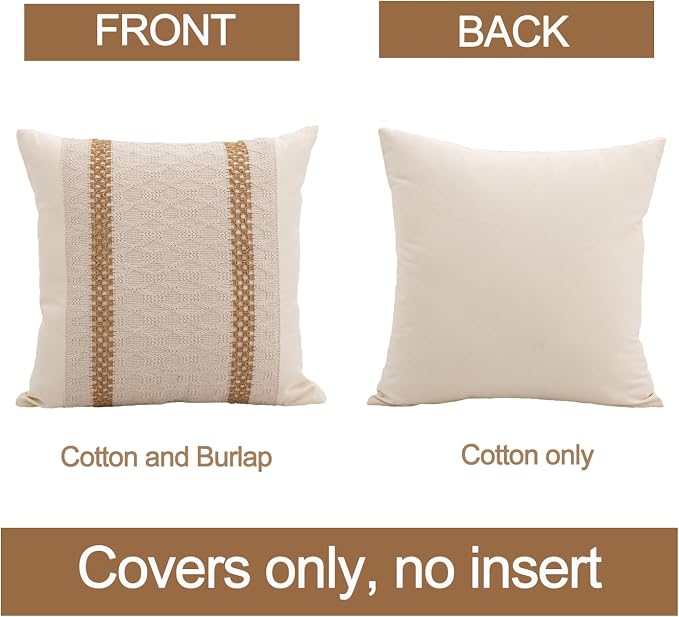 Throw Pillow Covers 18 x 18 Inch 1PC for Farmhouse Living Room, Cotton & Burlap Textured Striped Woven Boho Pillow Covers (Beige & Brown, Double Striped)