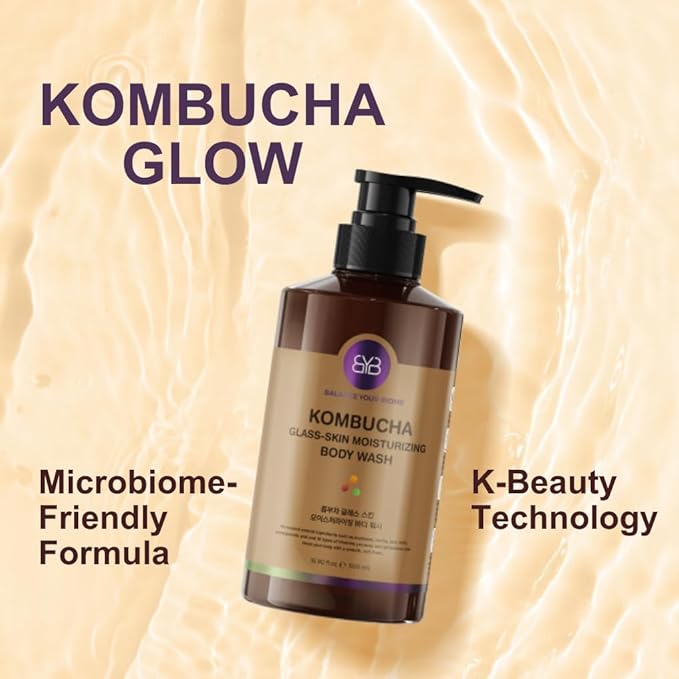 Kombucha Glass-Skin Moisturizing Body Wash, K-Beauty,Fermented soybean, barley, Pear Juice, Pomegranates,12 Vitamins, Nurishing, Cleansing, 16.9 fl.oz,No Silicone.Rich micro-foam gently cleanses