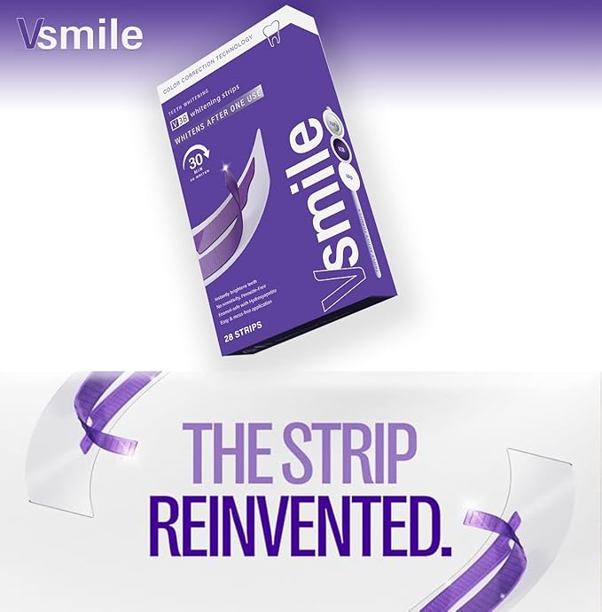VSmile V38 Teeth Whitening Strips, 28 Count – Peroxide-Free Purple Color Correcting Teeth Whitener Strips with Pap+ & Hydroxyapatite, Enamel Safe, No Sensitivity