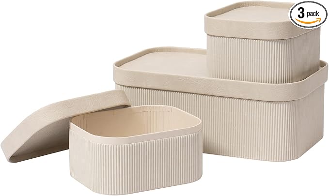 LA JOLIE MUSE Decorative Storage Boxes with Lids Faux Leather, Grey 3 Pack | Vegan Leather Lids, Fluted Cardboard Storage Basket, Organizer for Jewelry, Shelves, Bedroom & Closet Storage Memory Box