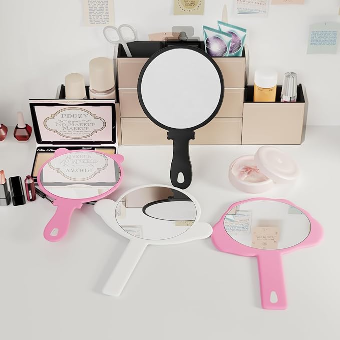 PDOZV Hand Mirror, 2 Pcs Portable Hand Mirrors with Handle, See Back of Head Haircut Personal Handheld Travel Small Ladies' Makeup Eyelash Mirrors (White, 5.91" L x 9.84" W (Round))