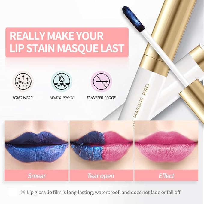 Lip Stain Peel Off – Wipe-Off Lip Stain Tattoo | Long Lasting Waterproof Lip Tint, High-Pigment Matte Lip Color, Smudge & Transfer Proof Lip Stains Masque, Kiss-Proof All-Day Lip Makeup 01#+04#