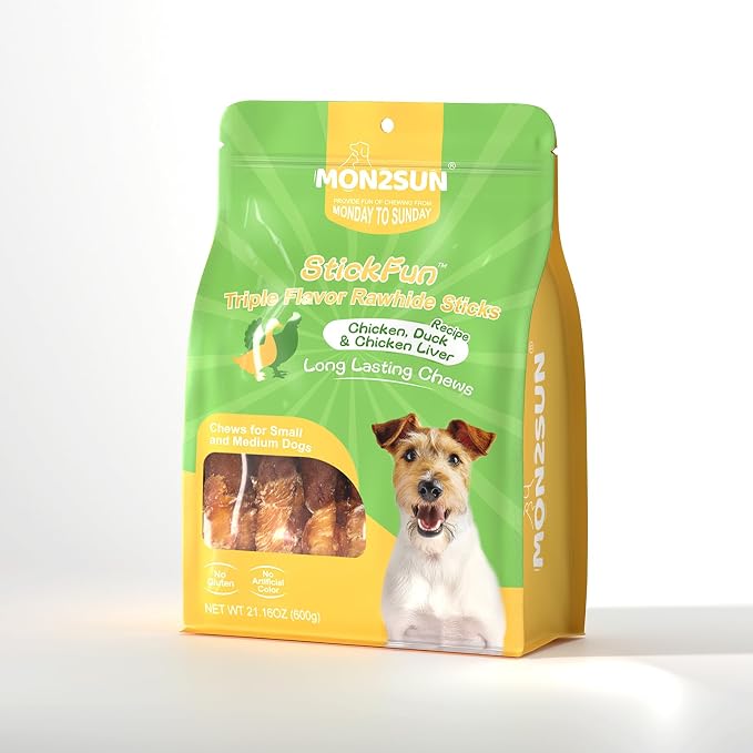 MON2SUN Dog Treats, 5 Inch Triple Flavor Wrapped Rawhide Sticks, 21.16 oz | 30 Count, Chicken Liver, Duck and Chicken Recipe, Long-Lasting Chew, Support Dental Health, for Small and Medium Dogs