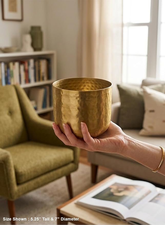 Serene Spaces Living Antique Brass Look Gold Hammered Pots, Indoor Planter Pot, Decorative Accent for Potted Plants, Gold Flower Vase for Wedding, 7" Diameter and 5.25" Tall, Pack of 6