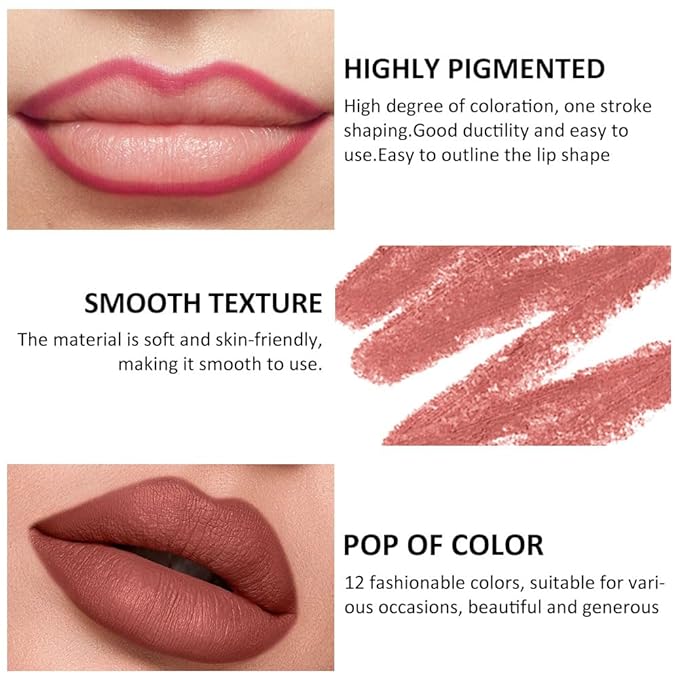 12 Pcs Colors Lip Liner Lipstick Pencils Set Pack for Shaping & Sculpting Lips,Natural Maroon Dark Red Nude Beige Chocolate Brown Plum Matte Pigmented Lipliners Crayon Lipstick