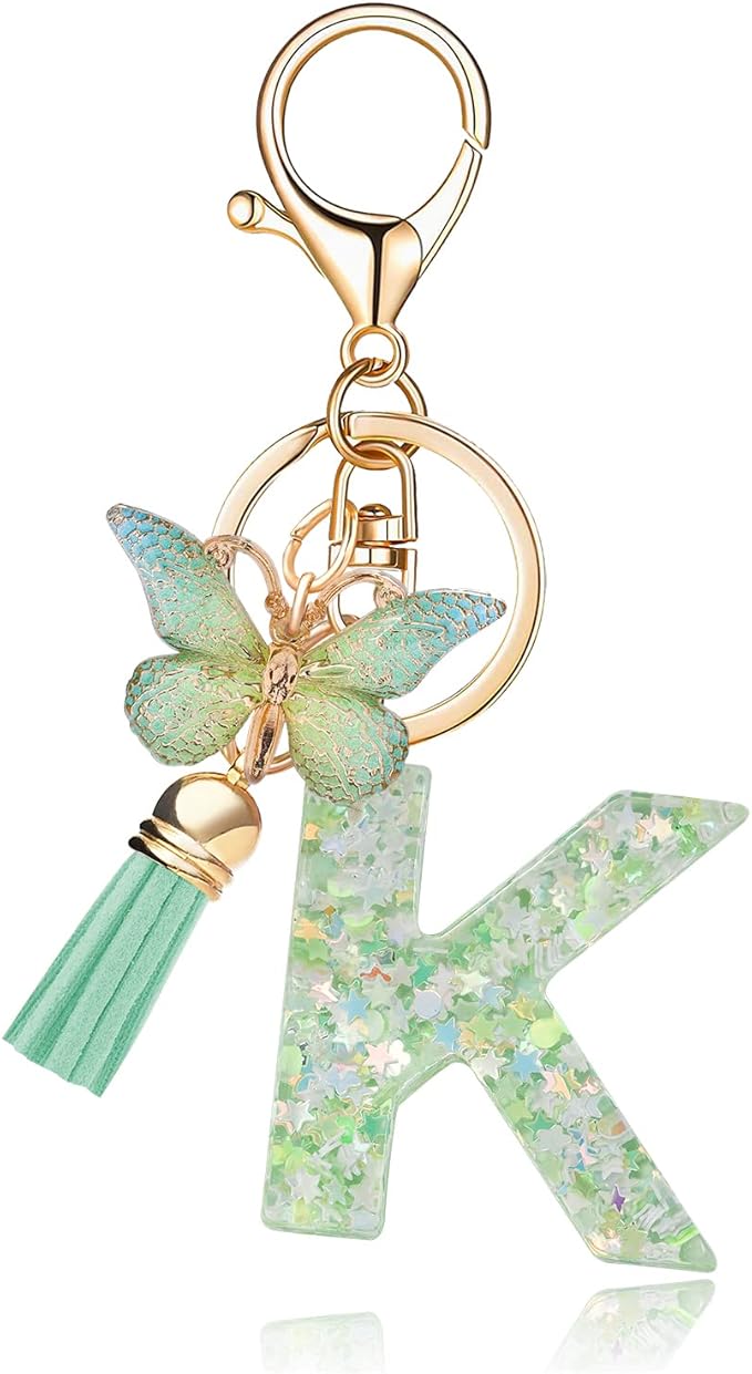 Fashion Alphabet Initial Letter Keychain Tassel Butterfly Pendant Key Ring for Purse Handbags Women Girl