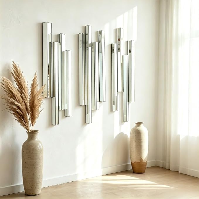 Modern 3 Pack 28x8 Staggered 3D Silver Mirror Wall Set Mirror Decor | Premium silver mirror with bevels. 4 sturdy hooks for V/H mount. Perfect for modern living, entryway & dining home decoration