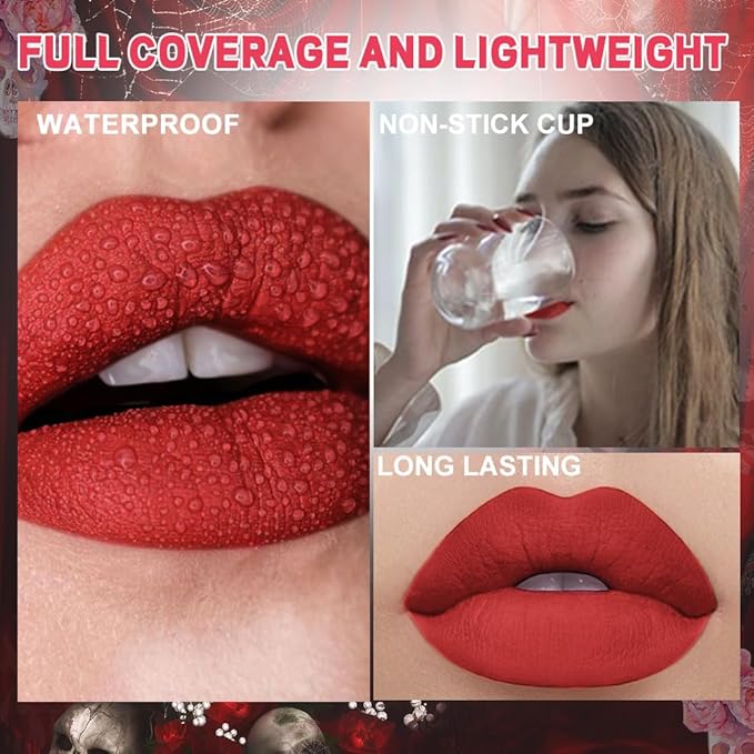evpct 1Pcs Fire Red Matte Liquid Lipstick Lip Stain Sets for Women, Skull Face Bright Ruby Red Matte+Lipstick Long Lasting Permanent 24 hr Hours Magic Lipstick 24 Hours original Waterproof, 14#