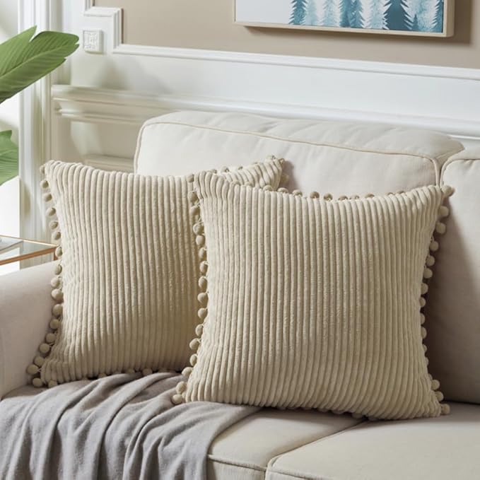 Fancy Homi Set of 2 Tan Decorative Throw Pillow Covers 12x12 Inch with Pom-poms for Couch Bed Sofa, Modern Farmhouse Boho Home Decor, Soft Plush Corduroy Cute Cushion Case 30x30 cm