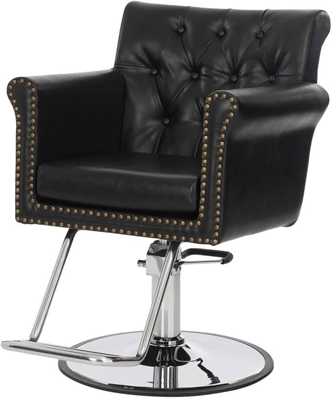 Buy-Rite Chelsea Styling Chair - Black Tufted Salon Chair with Nailhead Trim, 3.5" Removable Cushion, Hydraulic Pump & Padded Arms for Professional Stylists, NIN-9902-BLK