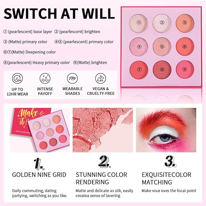9-Color Pink Peach Eyeshadow Palette–High Pigment Matte Shimmer Glitter Eyeshadow Palette in Warm Coral & Rose Shades,Long-Lasting Waterproof, Blendable for Creative & Everyday Looks