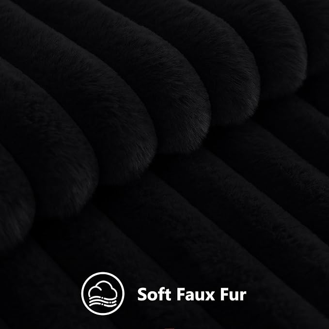 decorUhome Fall Faux Fur Throw Pillow Covers 26x26 Set of 2 Black | Decorative Soft Cozy Striped Plush Modern Farmhouse Boho Couch Pillow Cases Velvet Back for Sofa Bed Living Room Home Decor