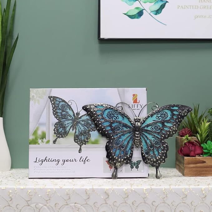 LIFFY Metal Butterfly Wall Decor Glass Outdoor Wall Art Sculptures 12" Hanging Garden Decorations Indoor Home Decorative Ornaments for Patio Yard Fence Bedroom Living Room
