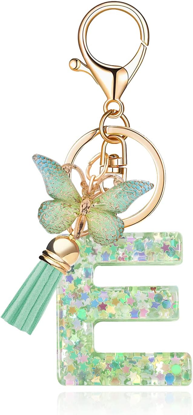 Fashion Alphabet Initial Letter Keychain Tassel Butterfly Pendant Key Ring for Purse Handbags Women Girl