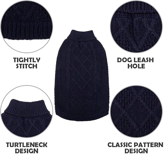 Mihachi Turtleneck Dog Sweater - Winter Coat Apparel Classic Cable Knit Clothes with Leash Hole for Cold Weather, Ideal Gift for Pet in New Year Navy Blue ML
