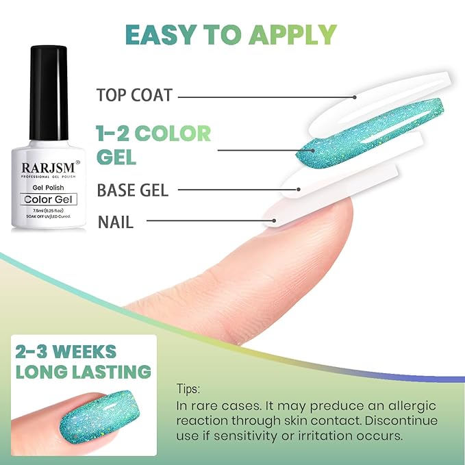 RARJSM Cat Eye Gel Nail Polish Set 6pcs 9D Rainbow Holographic Peacock Flakes Sparkle Cateye Glitter Green Blue Light Purple Orange Gel Polish with Magnetic Stick UV LED Curing Requires Soak Off