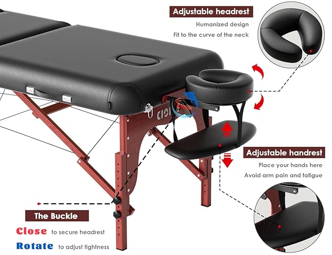 CLORIS 84" Professional Massage Table Portable 2 Folding Lightweight Facial Salon Spa Tattoo Bed Height Adjustable with Carrying Bag & Wooden Leg Hold Up to 1100LBS Black Widen