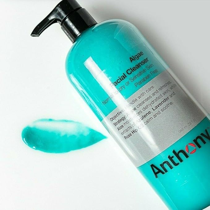 Anthony Algae Facial Cleanser, 32 Fl Oz - Algae, Aloe Vera, Azulene, Lavender & Rose Hip Oil for Cleansing, Refreshing, Moisturizing, Hydrating, Calming & Soothing Skin