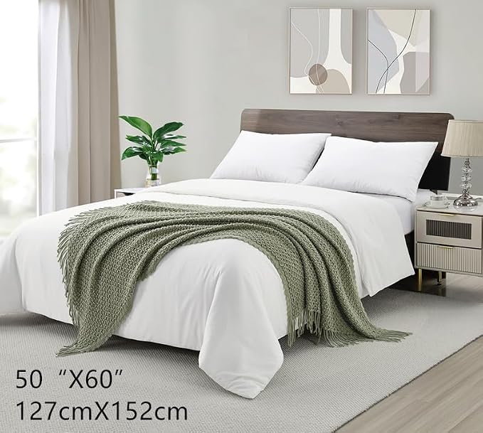 CREVENT Farmhouse Boho Knitted Throw Blanket for Couch Sofa Chair Bed Home Decoration, Soft Warm Cozy Light Weight for Spring Summer Fall (50''X60'' Sage Green)