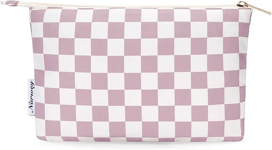 Narwey Small Checkered Makeup Bag for Purse Small Cosmetic Bag Women Travel Makeup Pouch Zipper Pouch (Dusty Rose Checkerboard)