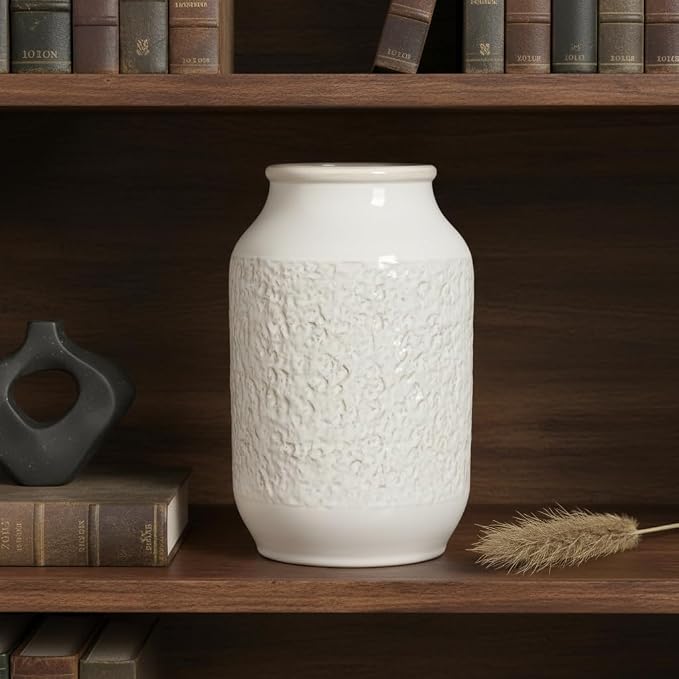 White Ceramic Vase, Minimalist White Vases for Flowers, Modern Decorative Vase for Home Decor, Centerpiece Wedding Dining Living Room Kitchen Decor 9 inch