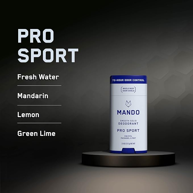 Mando Smooth Solid Stick (2.6 Ounce) + Acidified Body Wash (8.5 Ounce) - Clinically Proven to Block Odor All Day - Whole Body Safe For Pits, Packages + Feet (Pro Sport)