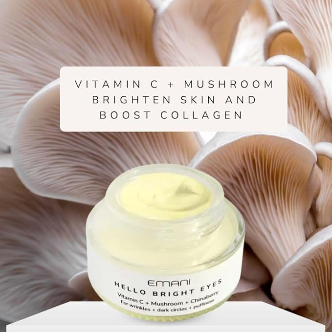 Emani Hello Bright Eyes- Vitamin C Eye Cream for Dark Circles & Puffiness - 8.5% Vitamin C, Caffeine, Reishi Mushroom, Peptides, Hyaluronic Acid - Anti-Aging, Vegan & Cruelty-Free - 1 oz