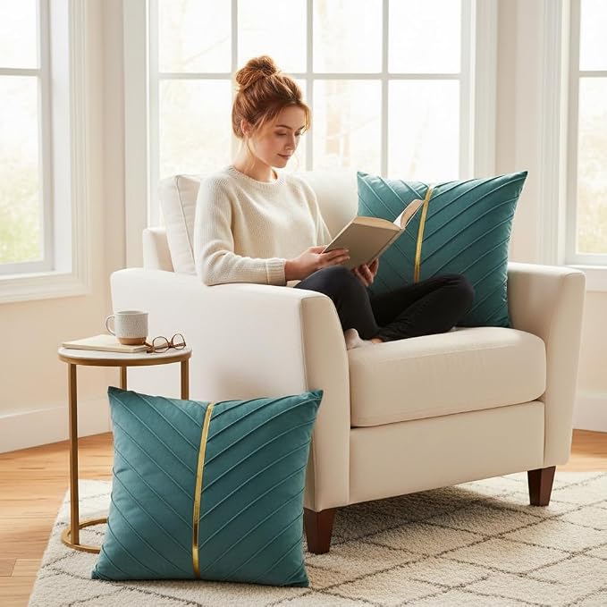 Velvet Throw Pillow Covers 16x16 Pack of 2 Gold Decor Aqua Green | Soft Solid Pillow Covers,Modern Luxury Home Decor,for Couch Chair Sofa Bedroom Livingroom,Hidden Zipper,Ideal Gift,Easy Care