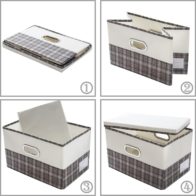 Large Collapsible Storage Bins with Lids [3-Pack] Fabric Foldable Storage Boxes Organizer Containers Baskets Cube with Cover for Home Bedroom Closet Office Gray plaid & Cream(17.7x11.8x11.8)