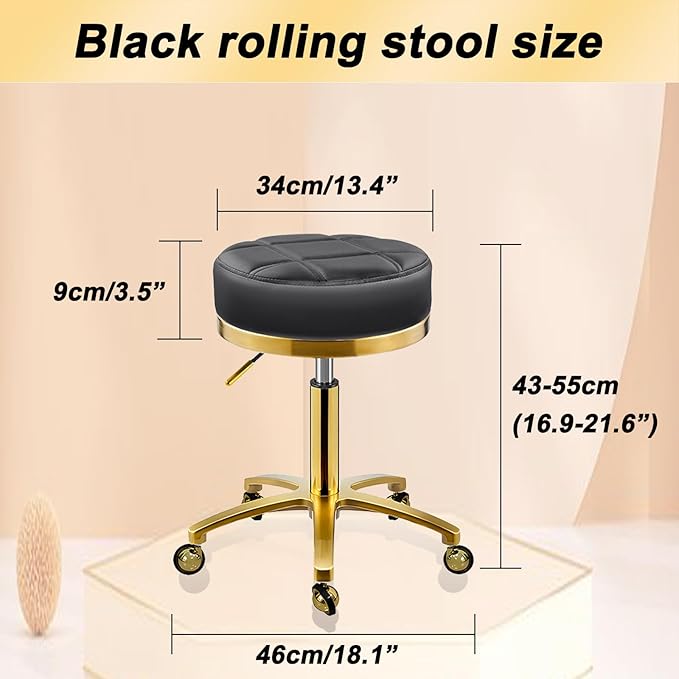 Gold Rolling Vanity Stool with Wheels, Salon Spa Tattoo Massage Pedicure Chair, PU Leather Roller Chair, 43-55cm Height Adjustable Office Work Swivel Stool (Black, Without Back)