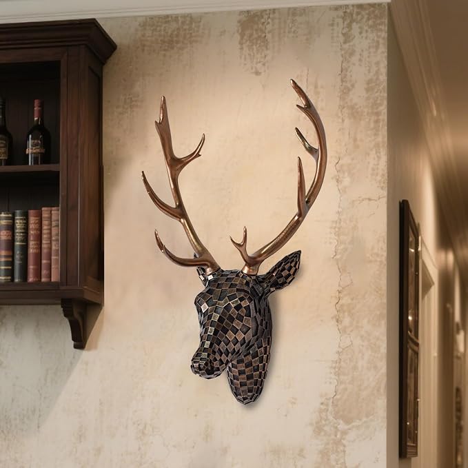 GIGICICI Mosaic Deer Head Wall Decor 15.7x8.7 Inch, Artistic Faux Resin Animal Head Wall Sculpture Hanging for Living Room Bedroom Kitchen Office, Brown Gift
