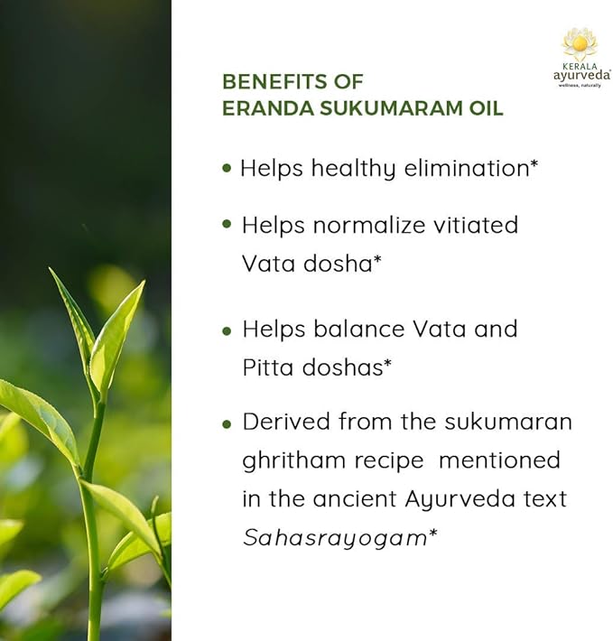 Kerala Ayurveda Eranda Sukumaram Herbal Oil for Internal Use to Help Support Healthy Elimination & Normalizes Vata and Pitta doshas, 1.01 Fl Oz