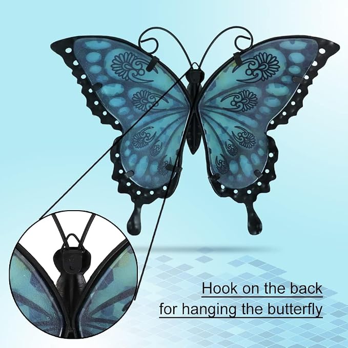 LIFFY Metal Butterfly Wall Decor Glass Outdoor Wall Art Sculptures 12" Hanging Garden Decorations Indoor Home Decorative Ornaments for Patio Yard Fence Bedroom Living Room