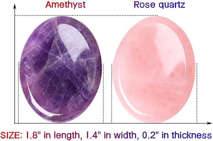 QINJIEJIE 2PCS Thumb Worry Stones for Anxiety Healing Crystals Rose Quartz Amethyst Hand Carved Stones Pocket Meditation Oval Crystal Natural Reiki Relax Palm Stone Therapy Stocking Stuffers Adults