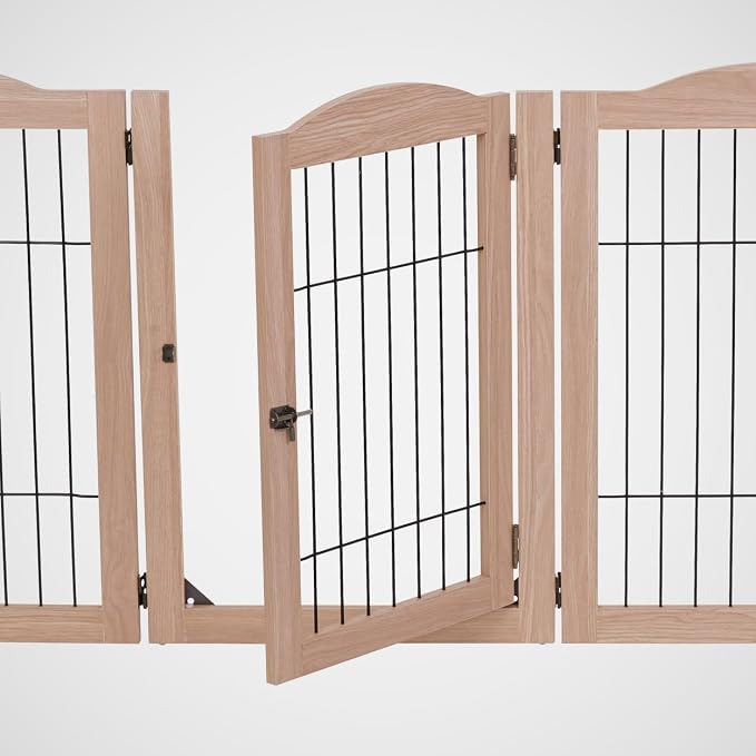 Arf Pets Freestanding Dog Gate with Door, 6 Panel 360° configurable Wooden Wire Fence, 132" Wide, 31.5" Tall, Foldable, Five Support Feet Included, for The House - Indoor Use