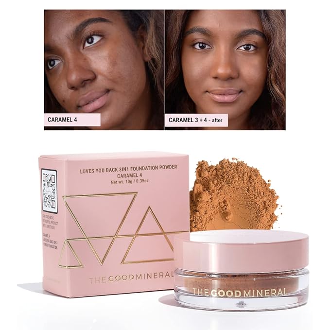 The Good Mineral Loves-You-Back 3in1 Mineral Powder Foundation (CARAMEL 4) | Designed for Acne-Prone, Sensitive Skin | Hyperpigmentation | Covers Dark Circles | 3IN1 - Concealer, Foundation + Powder