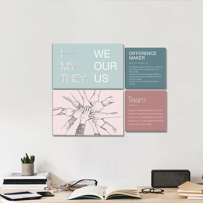 YEOION Motivational Office Wall Art,Inspirational Teamwork Wall Art for Office,Light Pink and Green Positive Teamwork Wall Decor for Women Set of 6