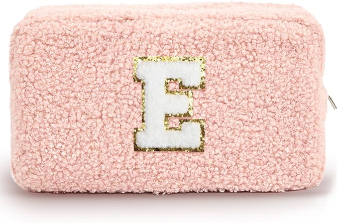 Cute Makeup Bag, Initial Cosmetic Bag, Fuzzy Makeup Bags for Women, Preppy Pink Makeup Pouch with Chenille Letter, Personalized Gifts for Women, Pink E