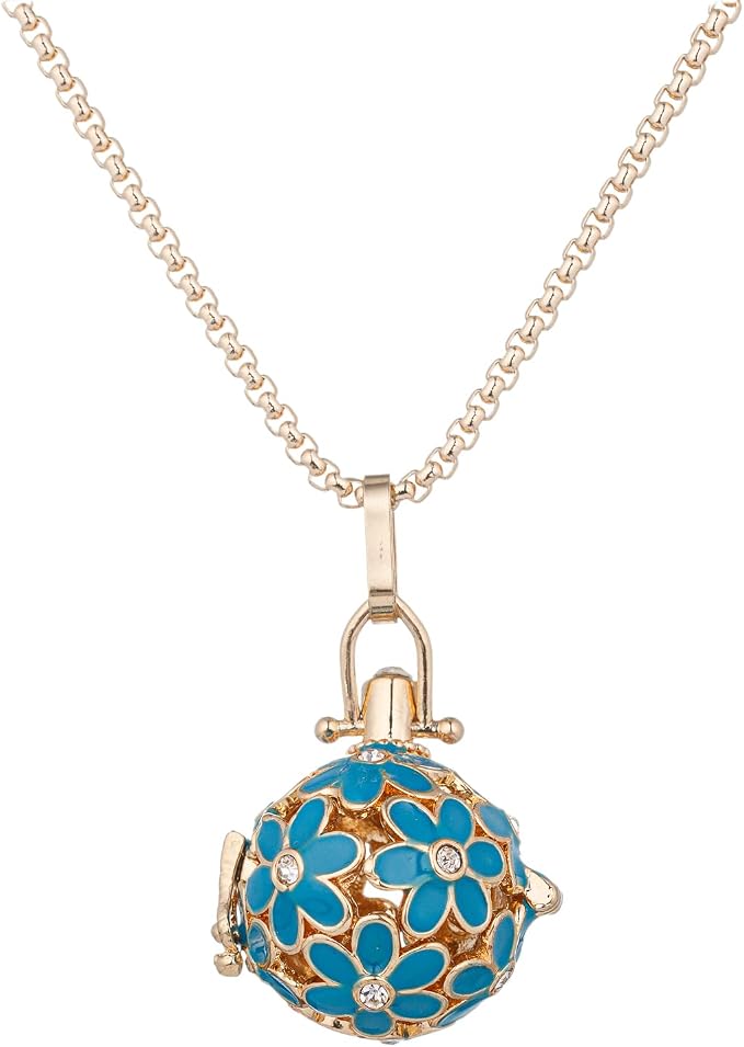 Essential Oil Diffuser Necklace Blue Chrysanthemum Rhinestones Copper Aromatherapy Pendant Locket with 7pcs Lave Rocks Stone and 2pcs 27 Inch Gold Chain Jewelry for Women TeenGirls