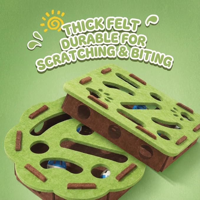 Puzzle Cat Toy for Indoor Cats, Treat Hiding Interactive Cat Enrichment Toy for Boredom and Mental Stimulation, Quiet Felt Design with Bell Balls, Non-Toxic Materials