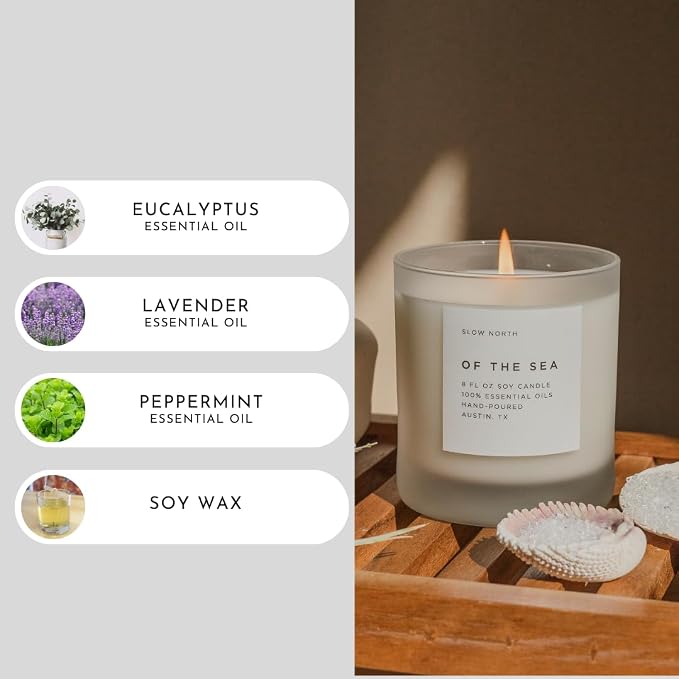 Slow North of The Sea Candle - Essential Oils and Pure Soy Wax Candle in a Reusable Frosted Glass Jar - A Unique and Mindful Scented Candle Hand-Poured in the USA (8 oz)