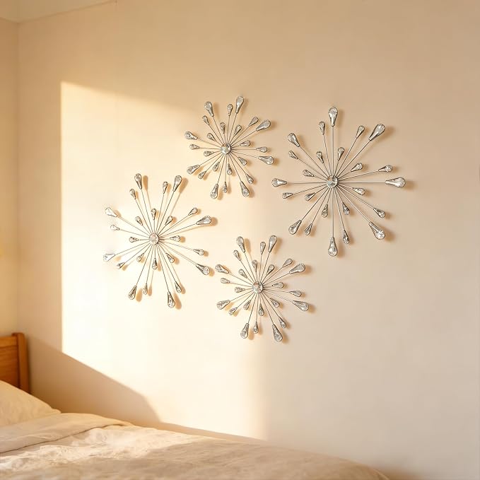ZEXUIRU 4 Set Silver Starburst Wall Art for Home Decor Metal Bling Crystal Rhinestones Sunburst Wall Decor Sparkling Rhinestone Art Accent -Silver 13in/11.8in/9.8in/9.8in