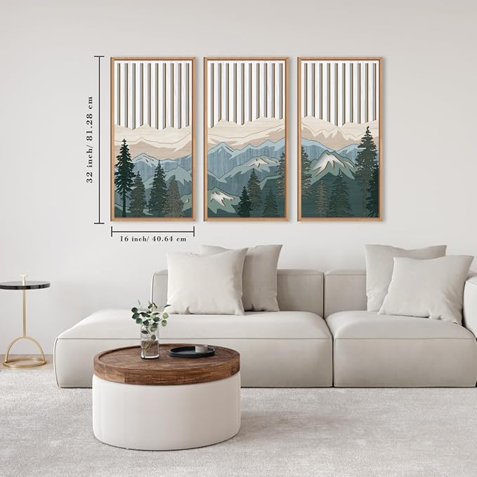 IARTTOP Large Mountain Wood Wall Art Framed Decor Set of 3, Modern Mountain Landscape Wall Art Nature Artwork Wall Decor for Bedroom, Living Room, Office-16 x32