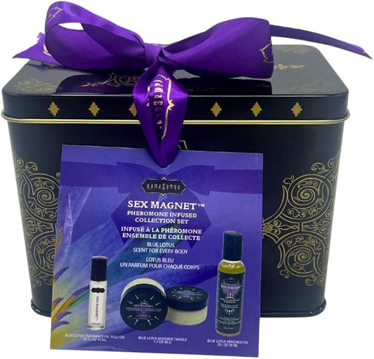 3 Piece Set Pheromone Infused Collection Set, Pheromone Infused Massage Oil - Unisex Blue Lotus Scent - Massage Oil Candle, Roller Ball, Complete Pheromone Collection Set In Gift Tin (Blue Lotus)